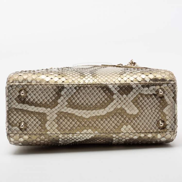 Pre Owned Dior Metallic Gold Python Small Lady Dior Tote
