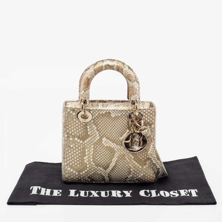 Pre Owned Dior Metallic Gold Python Small Lady Dior Tote