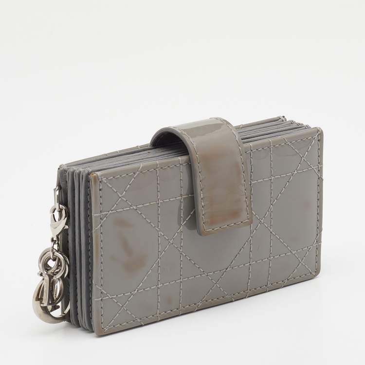 Pre Owned Dior Grey Cannage Patent Leather Lady Dior 5 Gusset Card Holder