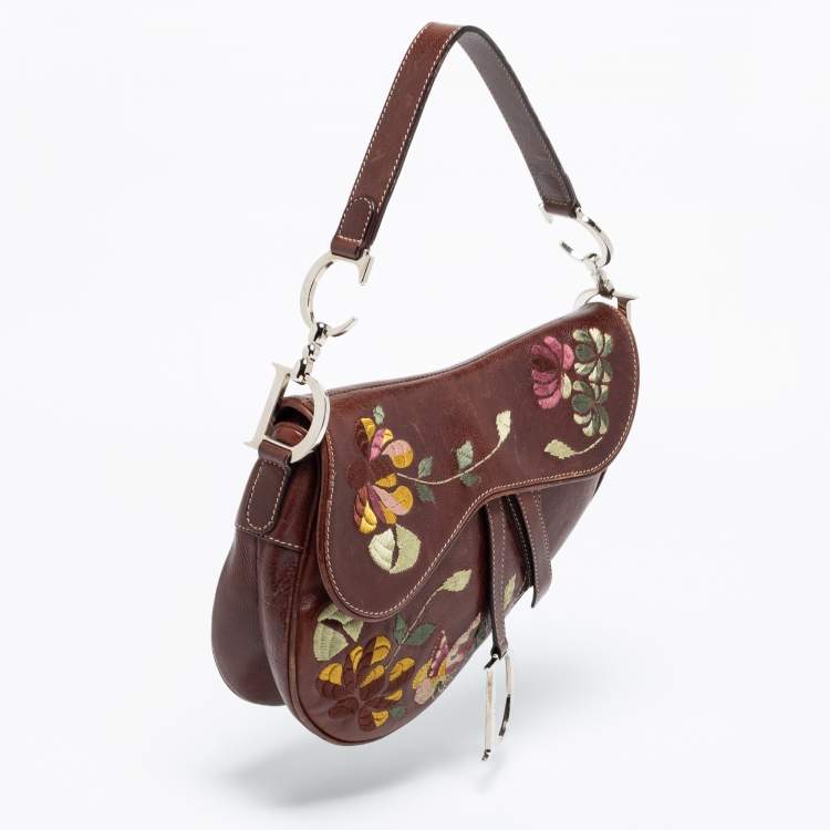 Pre Owned Dior Brown Leather Embroidered Saddle Bag