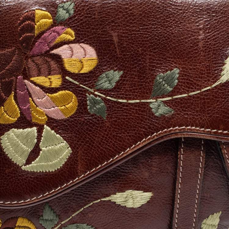 Pre Owned Dior Brown Leather Embroidered Saddle Bag