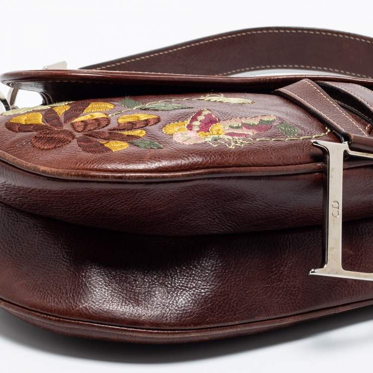 Pre Owned Dior Brown Leather Embroidered Saddle Bag
