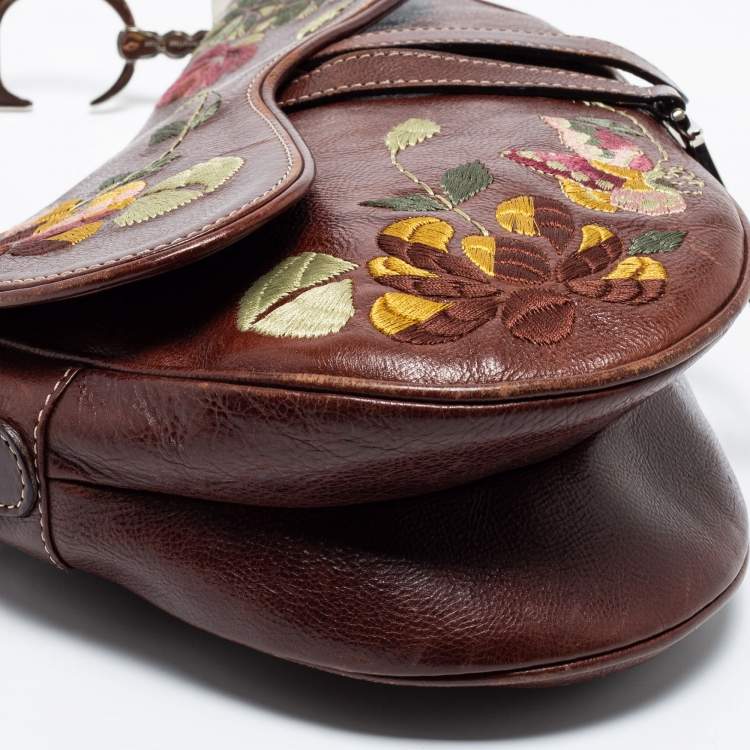 Pre Owned Dior Brown Leather Embroidered Saddle Bag