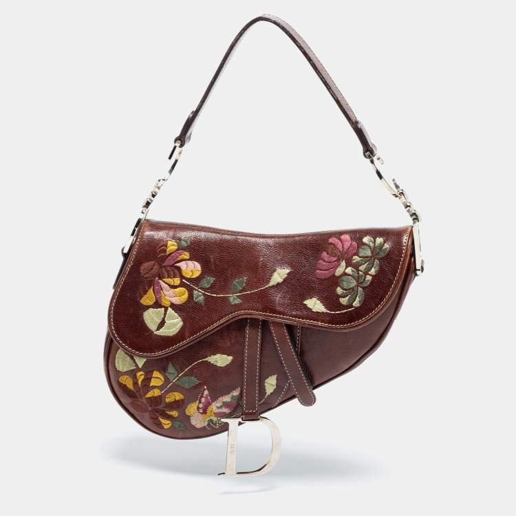 Pre Owned Dior Brown Leather Embroidered Saddle Bag