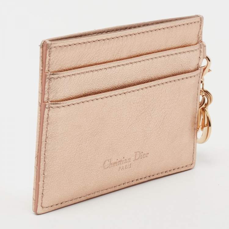 Pre Owned Dior Metallic Rose Gold Cannage Leather Lady Dior Card Holder