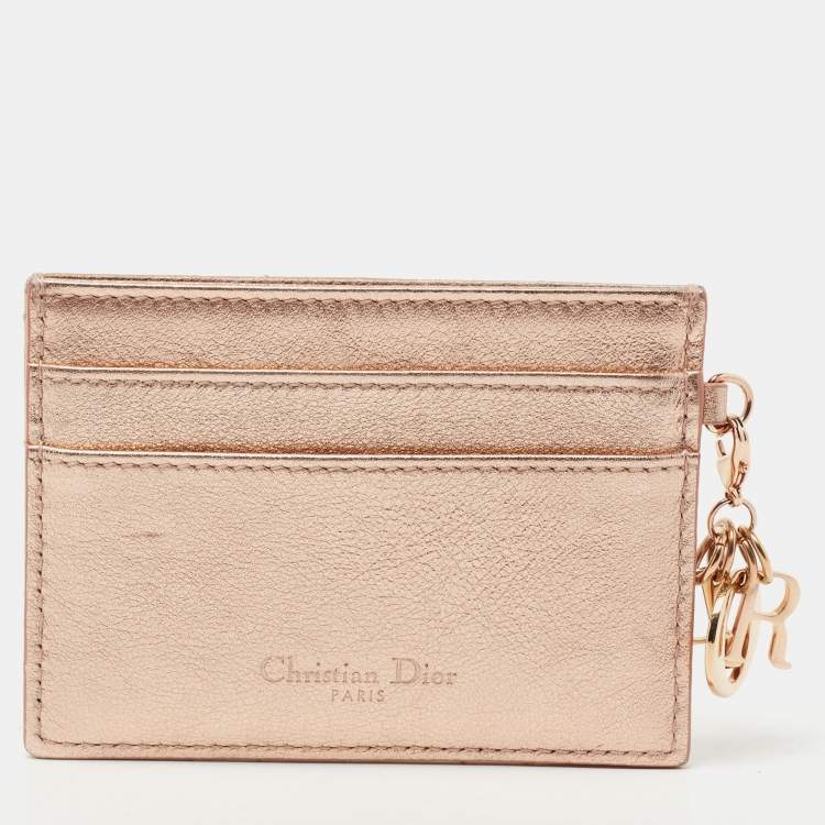 Pre Owned Dior Metallic Rose Gold Cannage Leather Lady Dior Card Holder