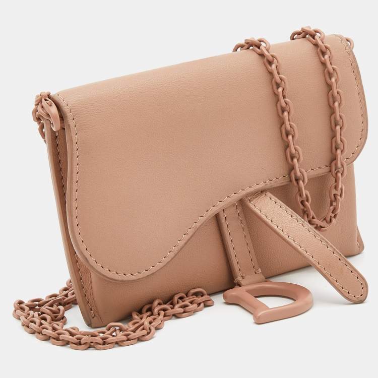 Pre Owned Dior Pink Leather Ultra Matte Nano Saddle Chain Pouch