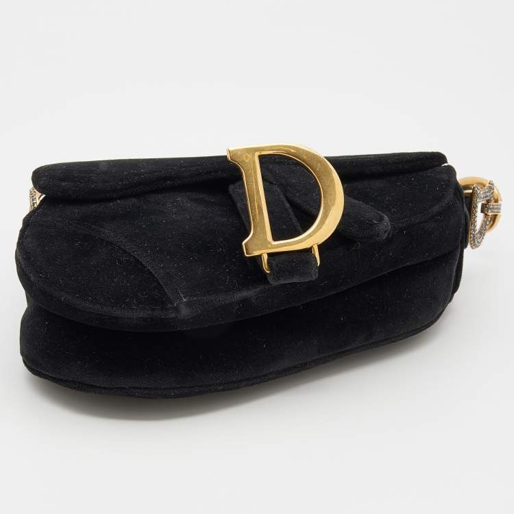 Pre Owned Dior Blue Velvet Crystal Embellished Logo Mini Saddle Bag