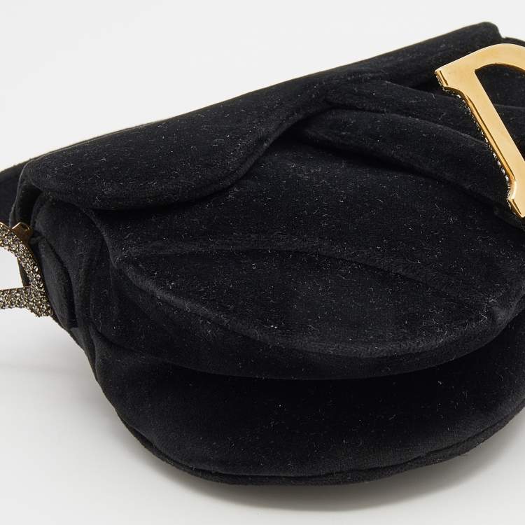 Pre Owned Dior Blue Velvet Crystal Embellished Logo Mini Saddle Bag