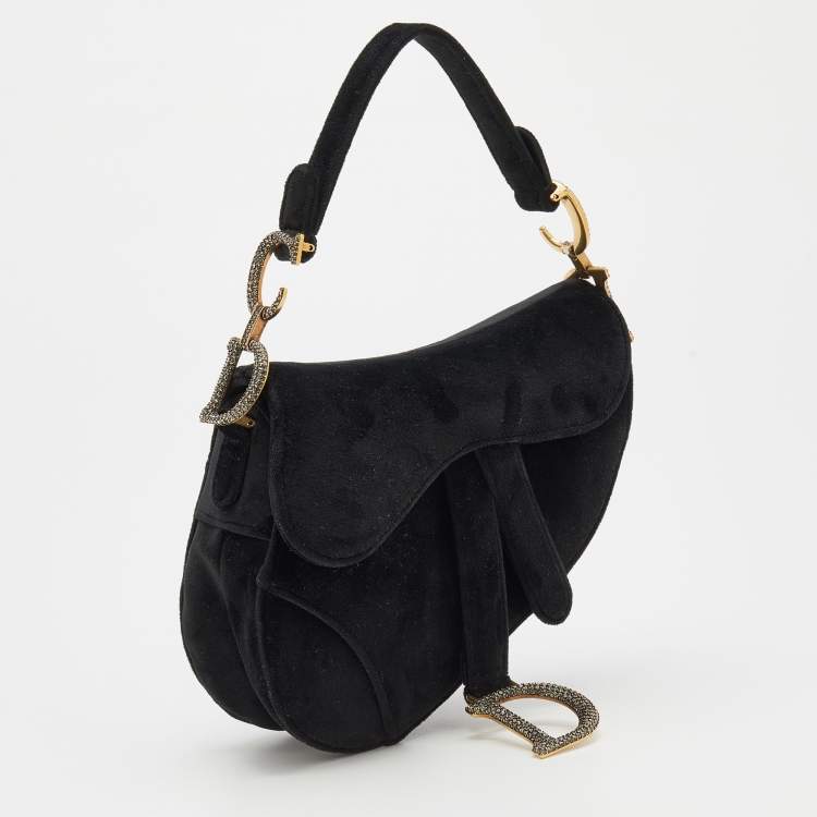 Pre Owned Dior Blue Velvet Crystal Embellished Logo Mini Saddle Bag