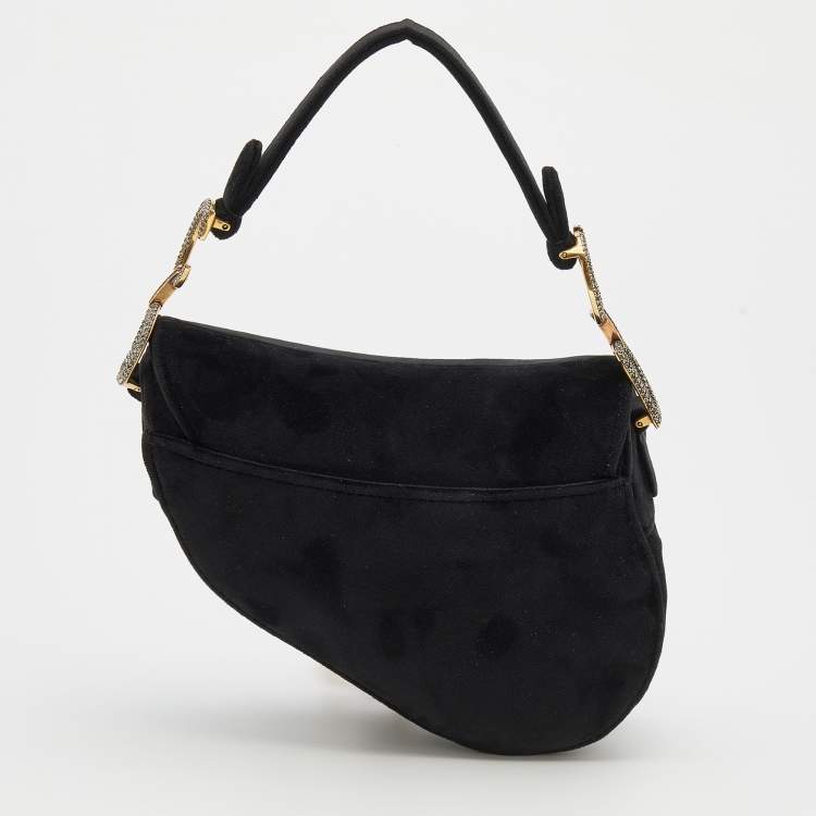 Pre Owned Dior Blue Velvet Crystal Embellished Logo Mini Saddle Bag