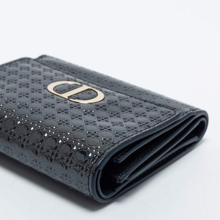 Pre Owned Dior Dark Grey Micro Cannage Patent Leather 30 Montaigne Trifold Wallet
