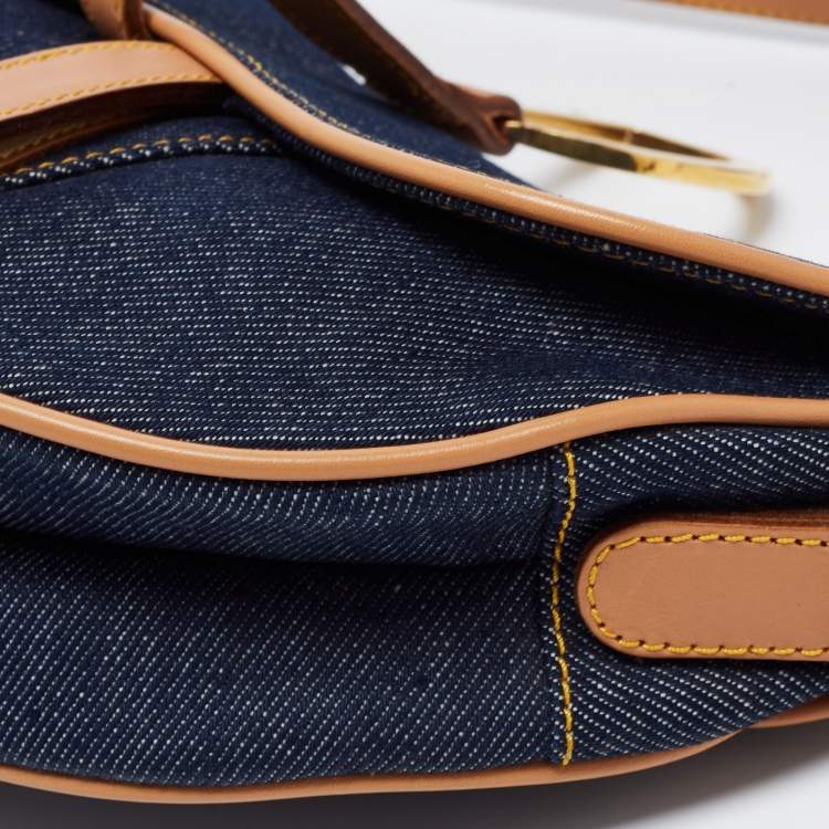 Pre Owned Dior Blue/Beige Denim and Leather Saddle Bag