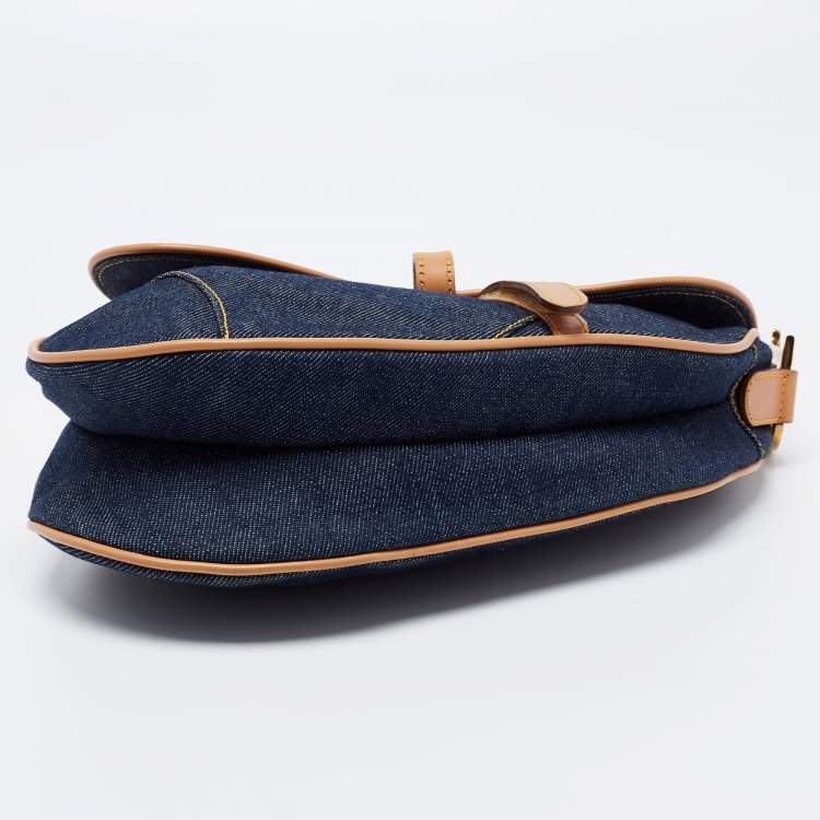 Pre Owned Dior Blue/Beige Denim and Leather Saddle Bag