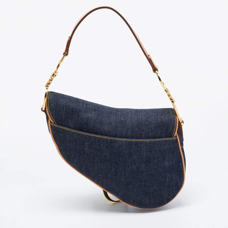 Pre Owned Dior Blue/Beige Denim and Leather Saddle Bag