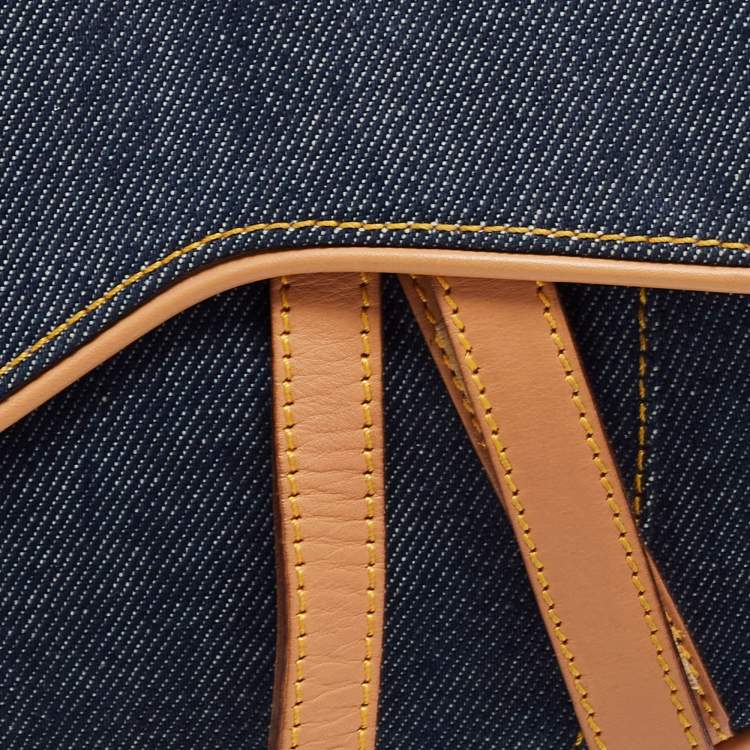 Pre Owned Dior Blue/Beige Denim and Leather Saddle Bag