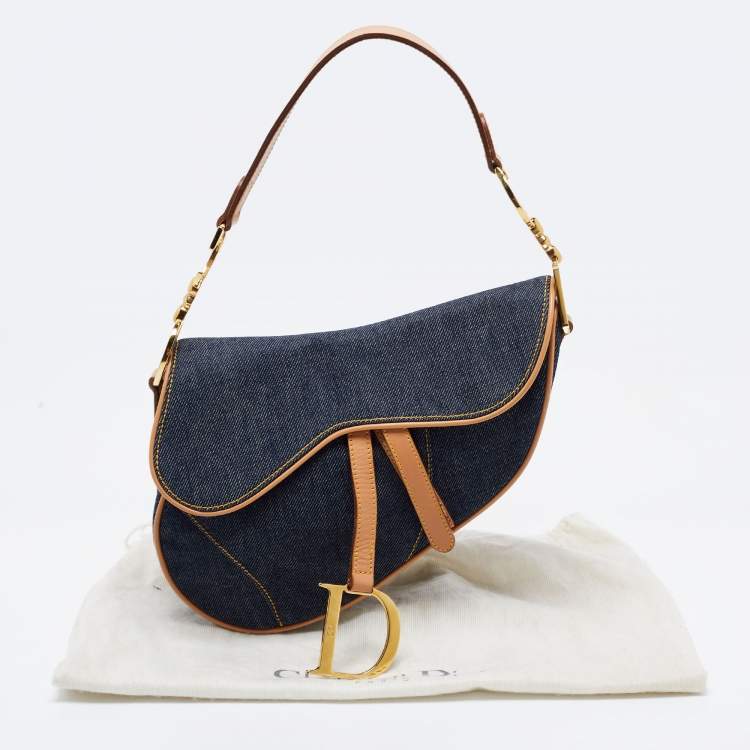 Pre Owned Dior Blue/Beige Denim and Leather Saddle Bag