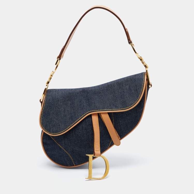 Pre Owned Dior Blue/Beige Denim and Leather Saddle Bag