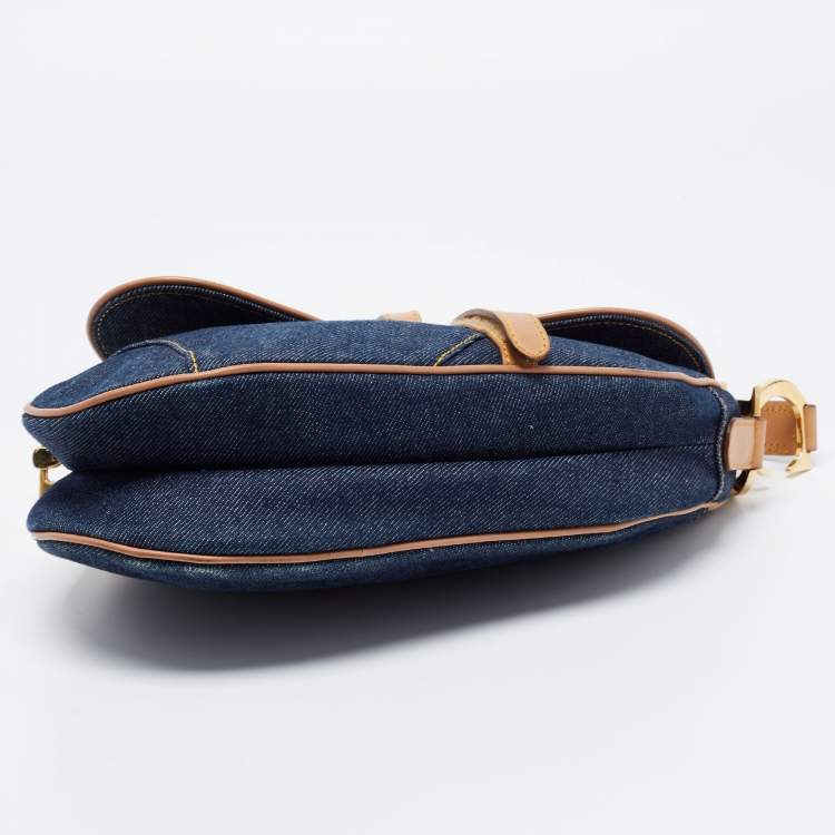 Pre Owned Dior Blue/Beige Denim and Leather Saddle Bag