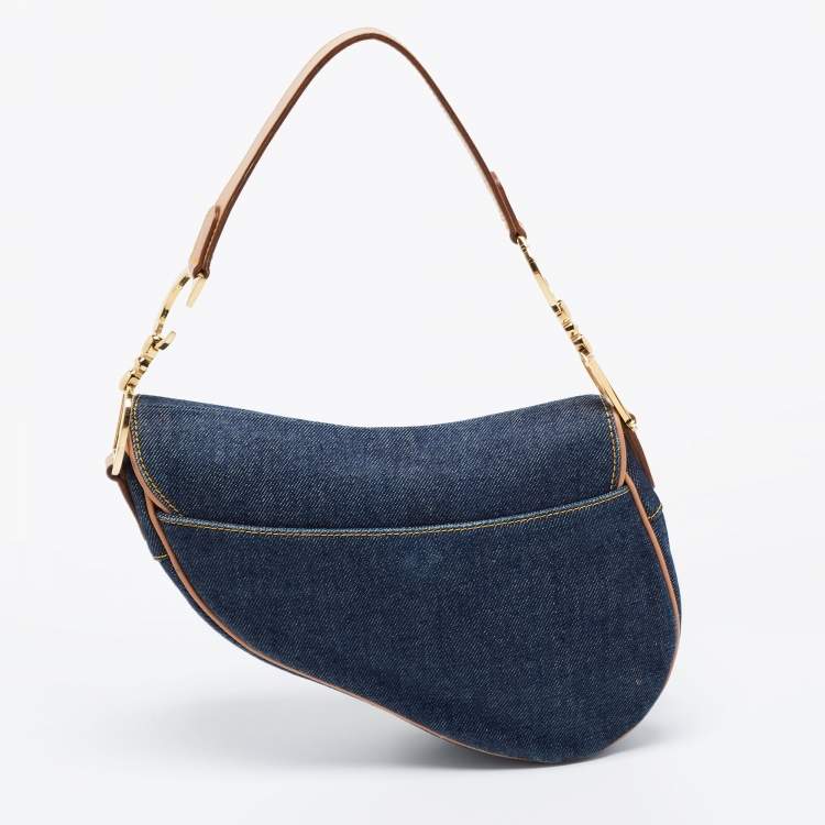 Pre Owned Dior Blue/Beige Denim and Leather Saddle Bag