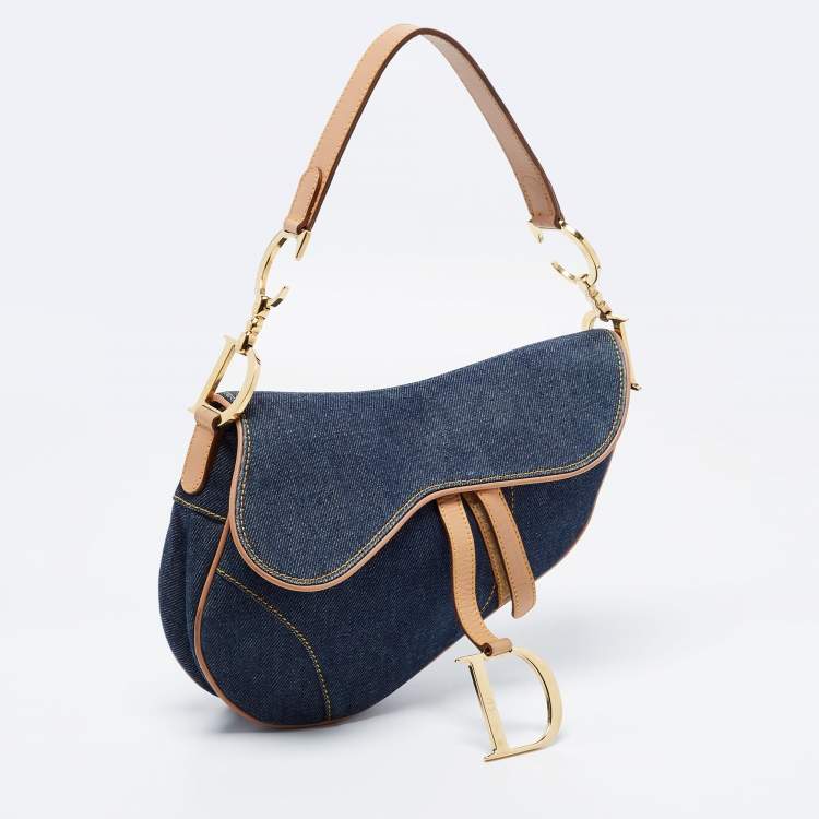 Pre Owned Dior Blue/Beige Denim and Leather Saddle Bag