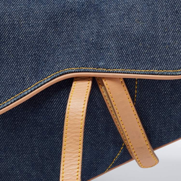 Pre Owned Dior Blue/Beige Denim and Leather Saddle Bag