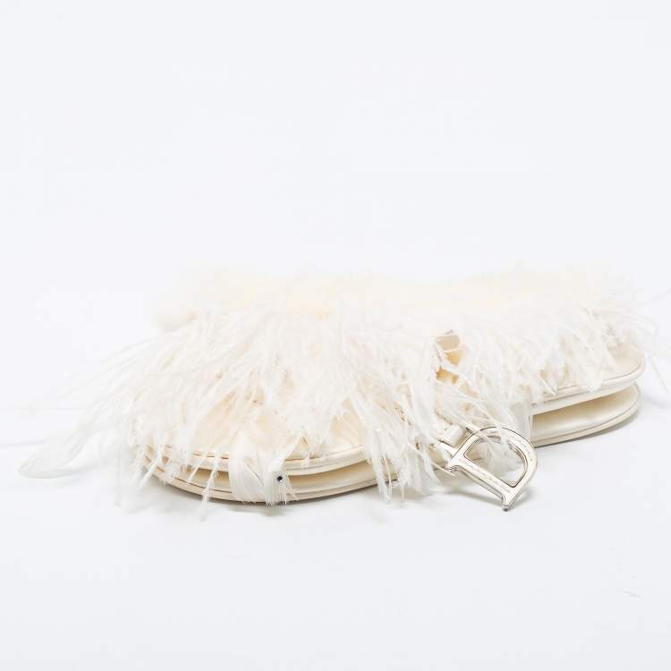 Pre Owned Dior White Satin and Feather Crystal Embellished Logo Mini Saddle Bag