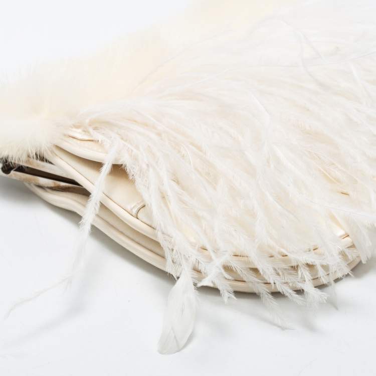 Pre Owned Dior White Satin and Feather Crystal Embellished Logo Mini Saddle Bag