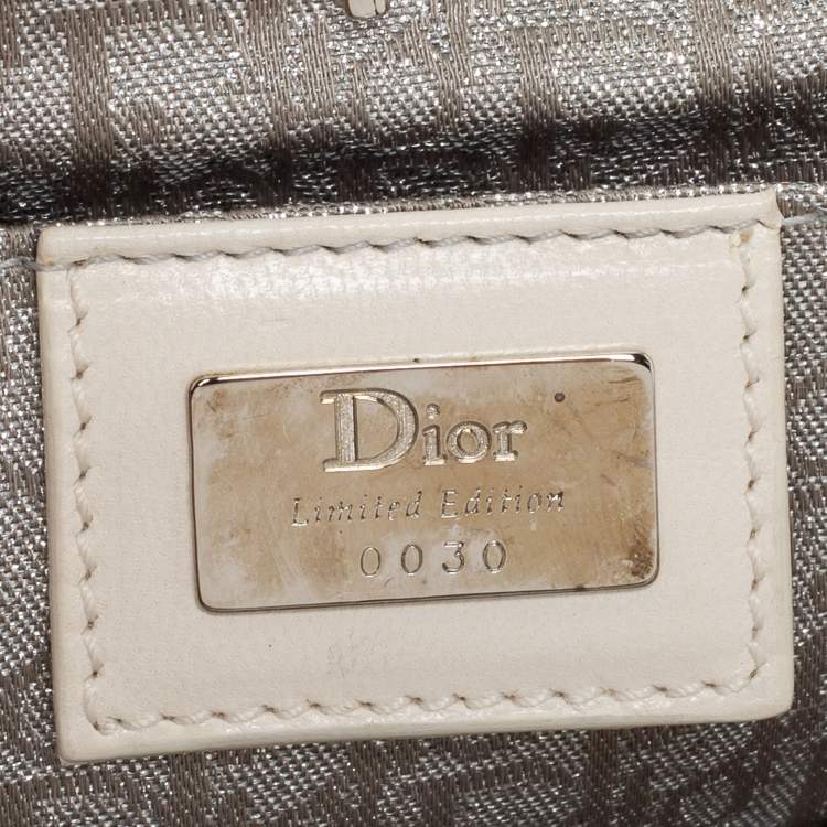 Pre Owned Dior White Satin and Feather Crystal Embellished Logo Mini Saddle Bag