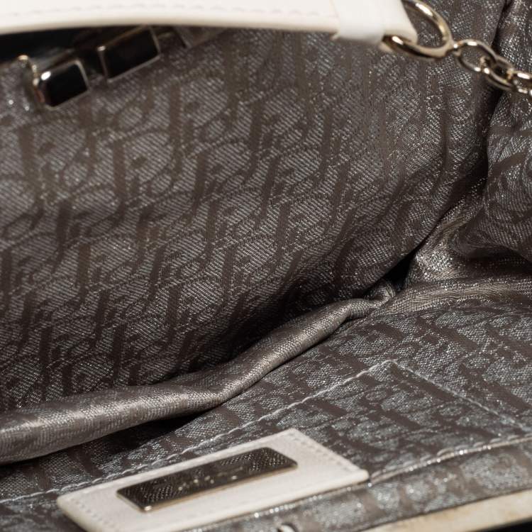 Pre Owned Dior White Satin and Feather Crystal Embellished Logo Mini Saddle Bag