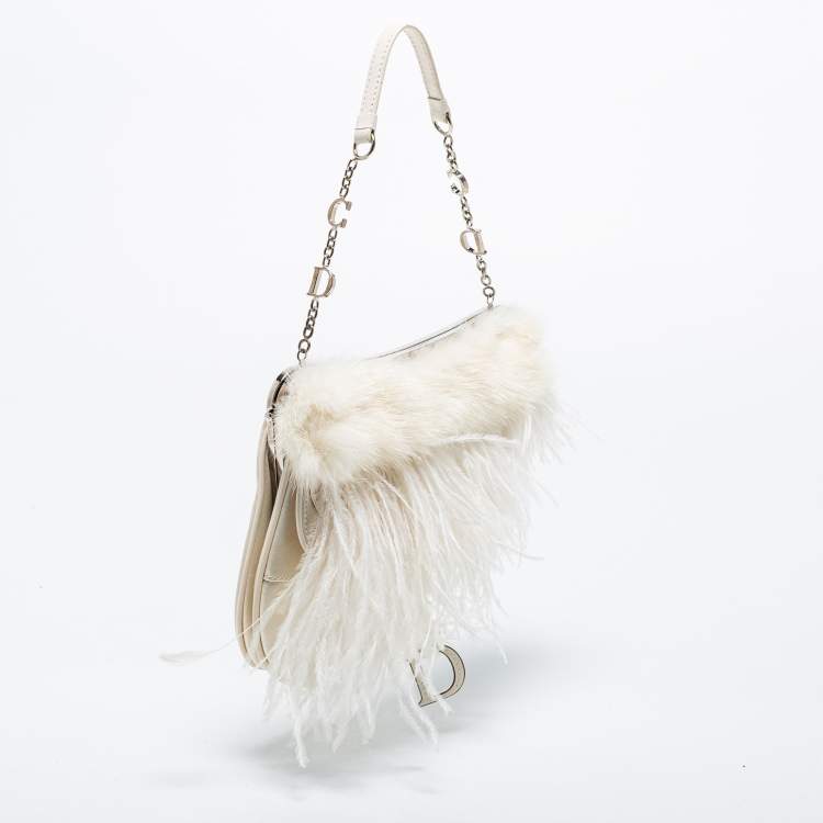 Pre Owned Dior White Satin and Feather Crystal Embellished Logo Mini Saddle Bag