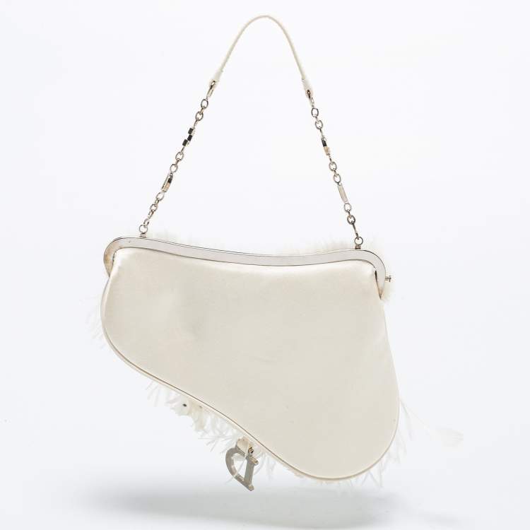 Pre Owned Dior White Satin and Feather Crystal Embellished Logo Mini Saddle Bag