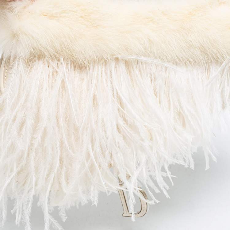 Pre Owned Dior White Satin and Feather Crystal Embellished Logo Mini Saddle Bag
