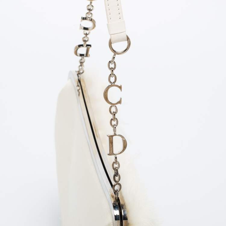 Pre Owned Dior White Satin and Feather Crystal Embellished Logo Mini Saddle Bag