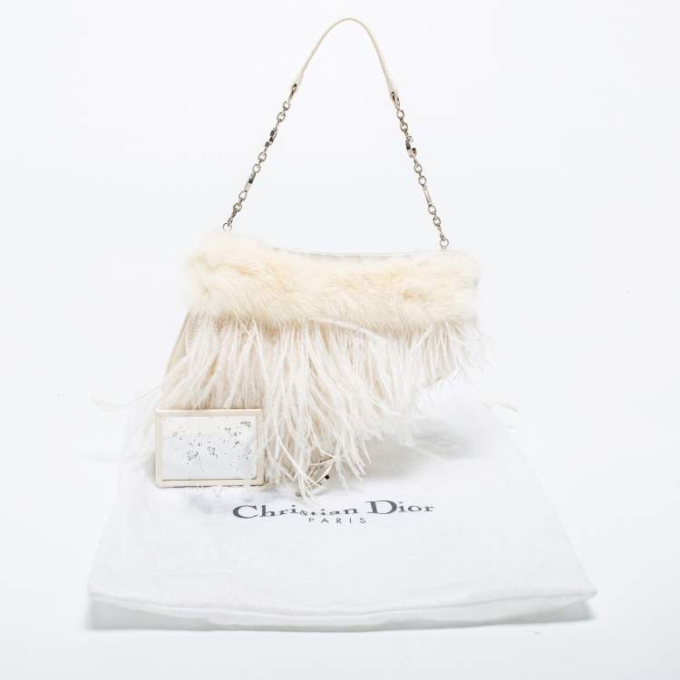 Pre Owned Dior White Satin and Feather Crystal Embellished Logo Mini Saddle Bag