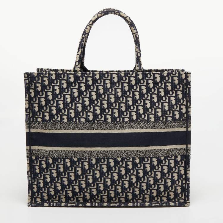 Pre Owned Dior Navy Blue Oblique Embroidery Canvas Book Tote