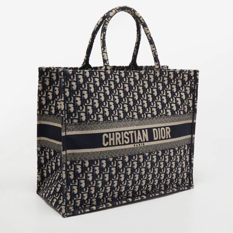 Pre Owned Dior Navy Blue Oblique Embroidery Canvas Book Tote