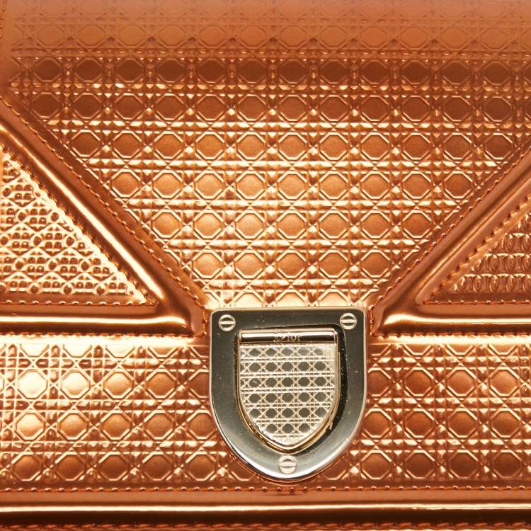 Pre Owned Dior Metallic Bronze Micro Cannage Patent Leather Diorama Wallet on Chain 