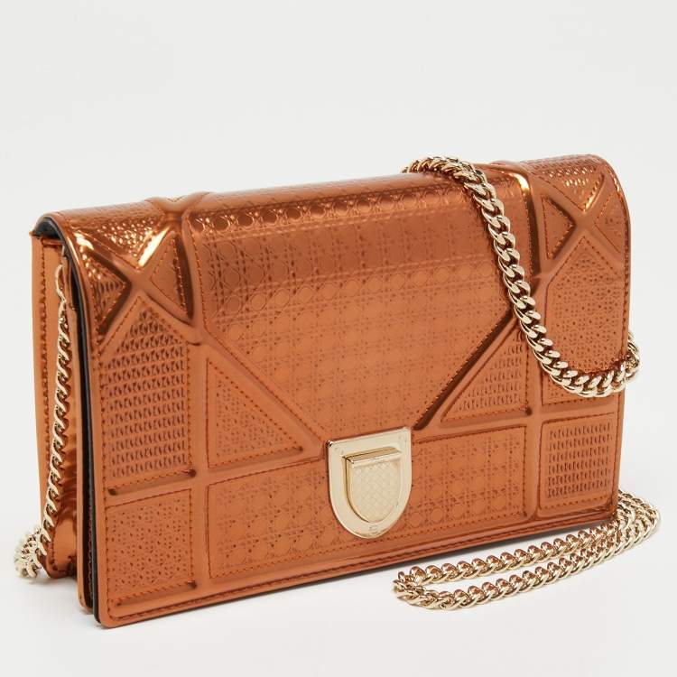 Pre Owned Dior Metallic Bronze Micro Cannage Patent Leather Diorama Wallet on Chain 