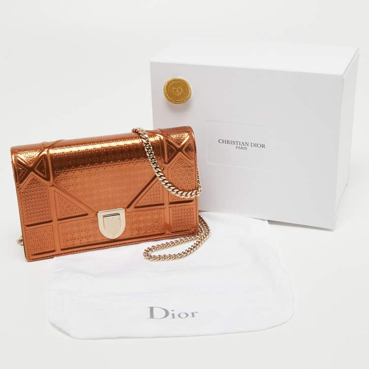 Pre Owned Dior Metallic Bronze Micro Cannage Patent Leather Diorama Wallet on Chain 