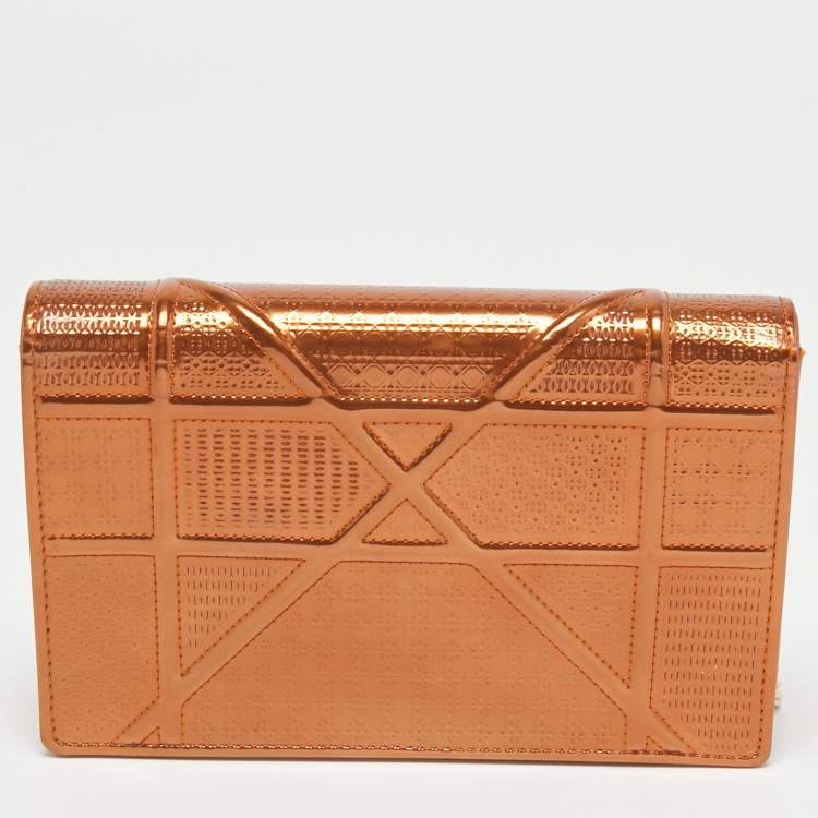 Pre Owned Dior Metallic Bronze Micro Cannage Patent Leather Diorama Wallet on Chain 