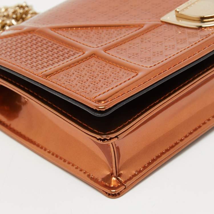 Pre Owned Dior Metallic Bronze Micro Cannage Patent Leather Diorama Wallet on Chain 