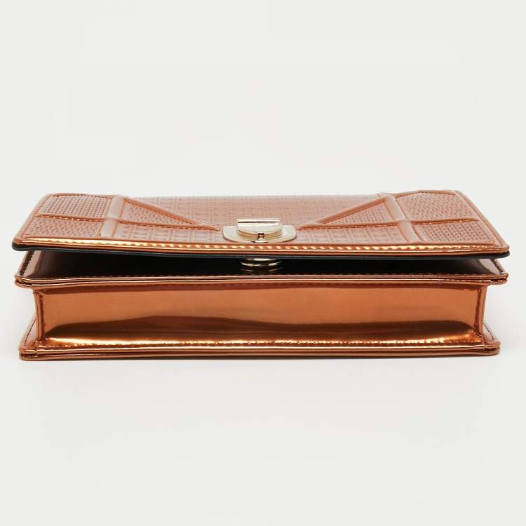 Pre Owned Dior Metallic Bronze Micro Cannage Patent Leather Diorama Wallet on Chain 