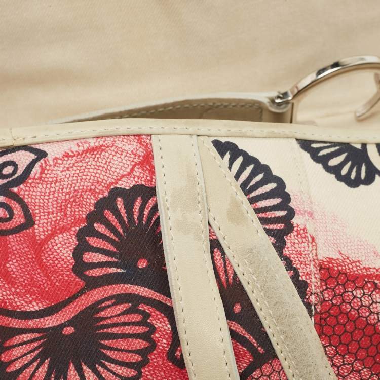 Pre Owned Dior Off White/Red Printed Fabric and Leather Limited Edition Saddle Bag