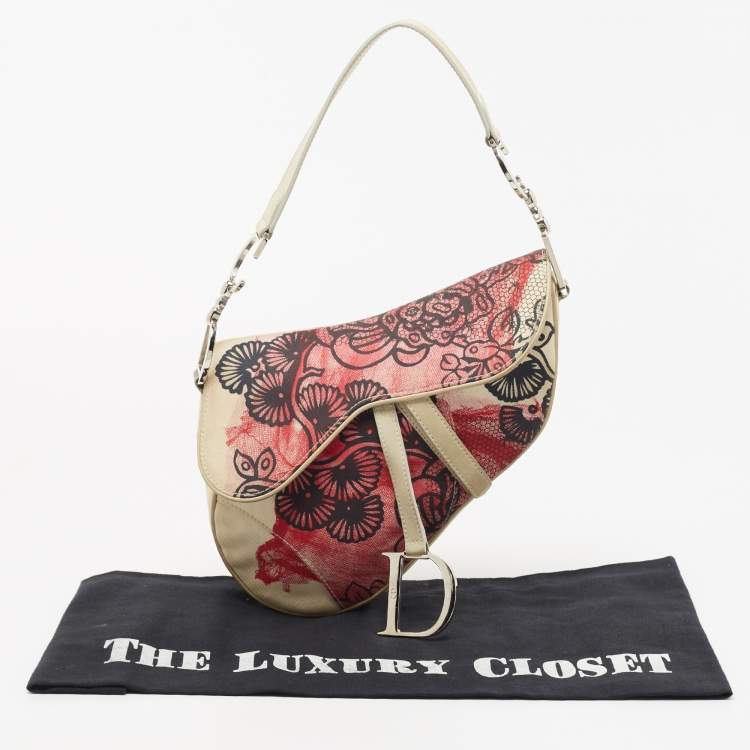 Pre Owned Dior Off White/Red Printed Fabric and Leather Limited Edition Saddle Bag