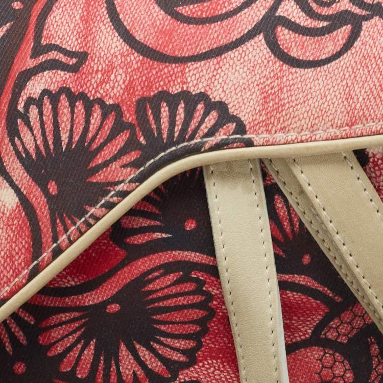 Pre Owned Dior Off White/Red Printed Fabric and Leather Limited Edition Saddle Bag