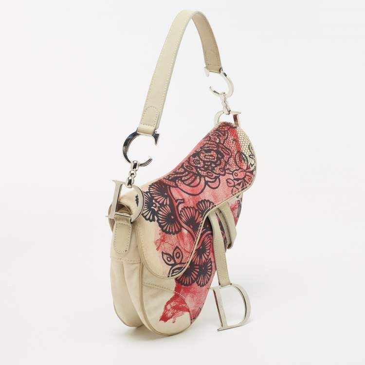 Pre Owned Dior Off White/Red Printed Fabric and Leather Limited Edition Saddle Bag