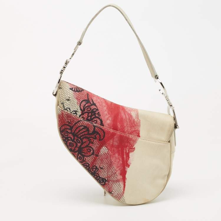 Pre Owned Dior Off White/Red Printed Fabric and Leather Limited Edition Saddle Bag