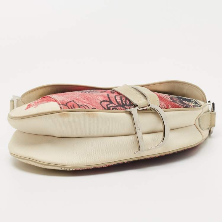 Pre Owned Dior Off White/Red Printed Fabric and Leather Limited Edition Saddle Bag