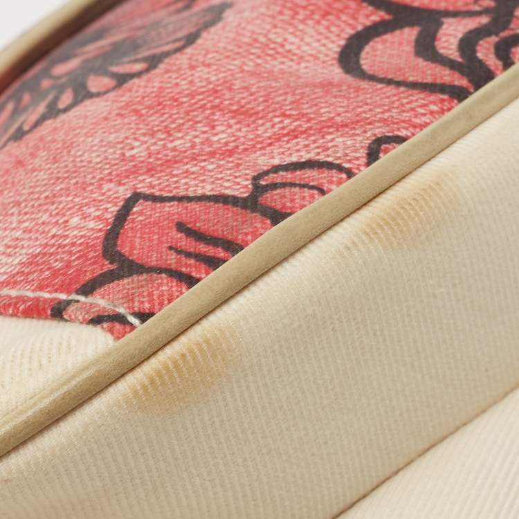 Pre Owned Dior Off White/Red Printed Fabric and Leather Limited Edition Saddle Bag